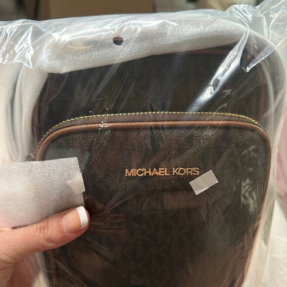 MICHAEL KORS Jet Set Travel Medium Logo Crossbody Bag MK Print Brown NWT - Picture 4 of 9